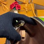 Louis Vuitton belt bag interior with brown lining and zipper track, dark blue monogram edge.
