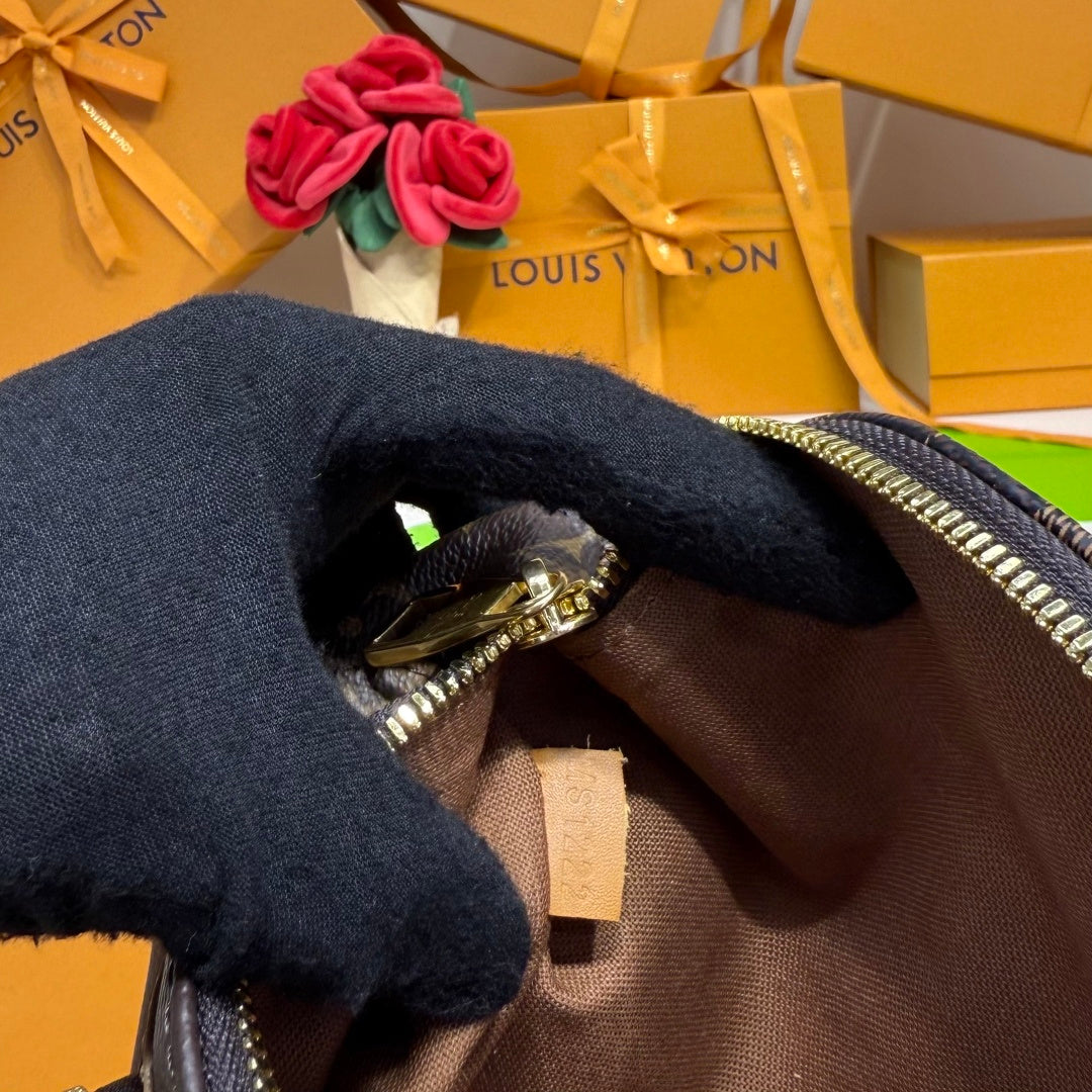 Louis Vuitton belt bag interior with brown lining and zipper track, dark blue monogram edge.