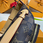 Louis Vuitton monogram belt bag side with gold-tone hardware and pale leather strap, dark blue.