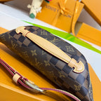 Louis Vuitton monogram belt bag side profile with beige trim and gold zipper hardware