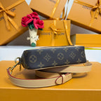 Louis Vuitton monogram belt-style bag with navy brown canvas and beige shoulder strap