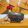 Louis Vuitton crossbody bag with Monogram print, check panel, gold hardware, beige strap