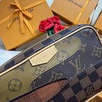 Louis Vuitton crossbody bag close-up of monogram print and leather patch on top