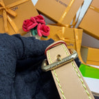 Louis Vuitton crossbody bag close-up of strap buckle and edge stitching