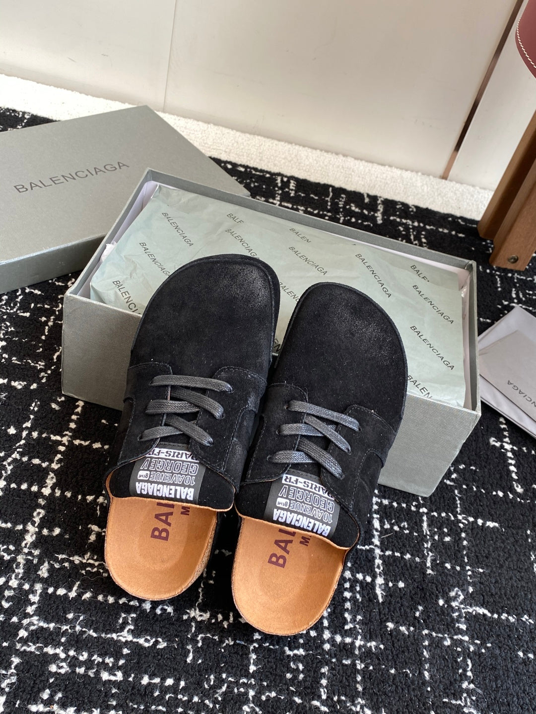 Balenciaga dark suede lace-up shoes, tan footbed visible with laces