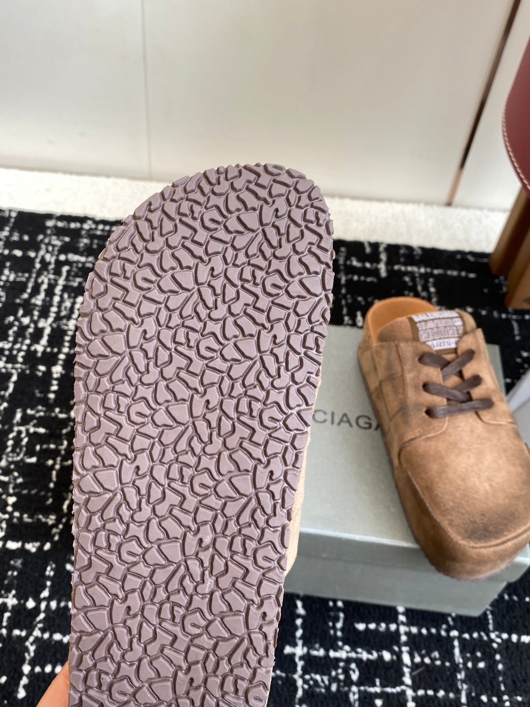 Balenciaga suede lace-up sandals in tan, textured outsole underside visible
