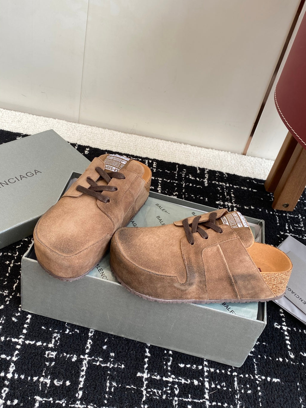 Balenciaga suede lace-up sandals in tan, angled pair with lace detail
