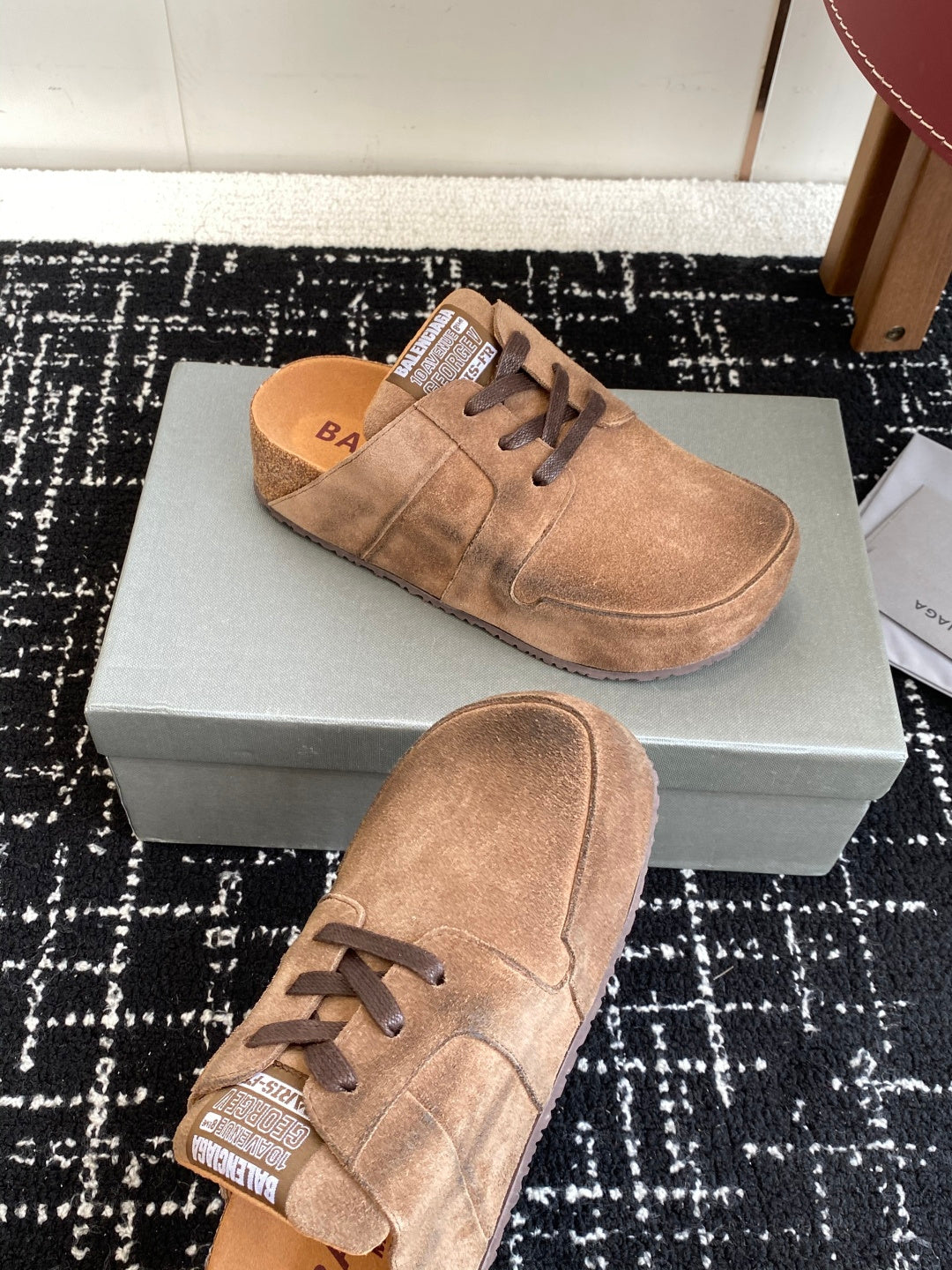 Balenciaga suede lace-up sandals in tan, side and top views