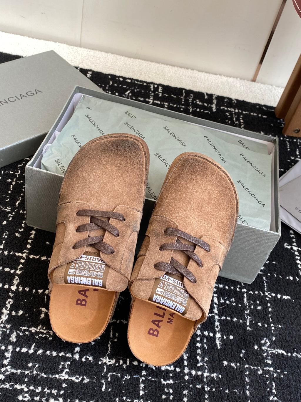 Balenciaga suede lace-up sandals in tan, insoles with logo text visible