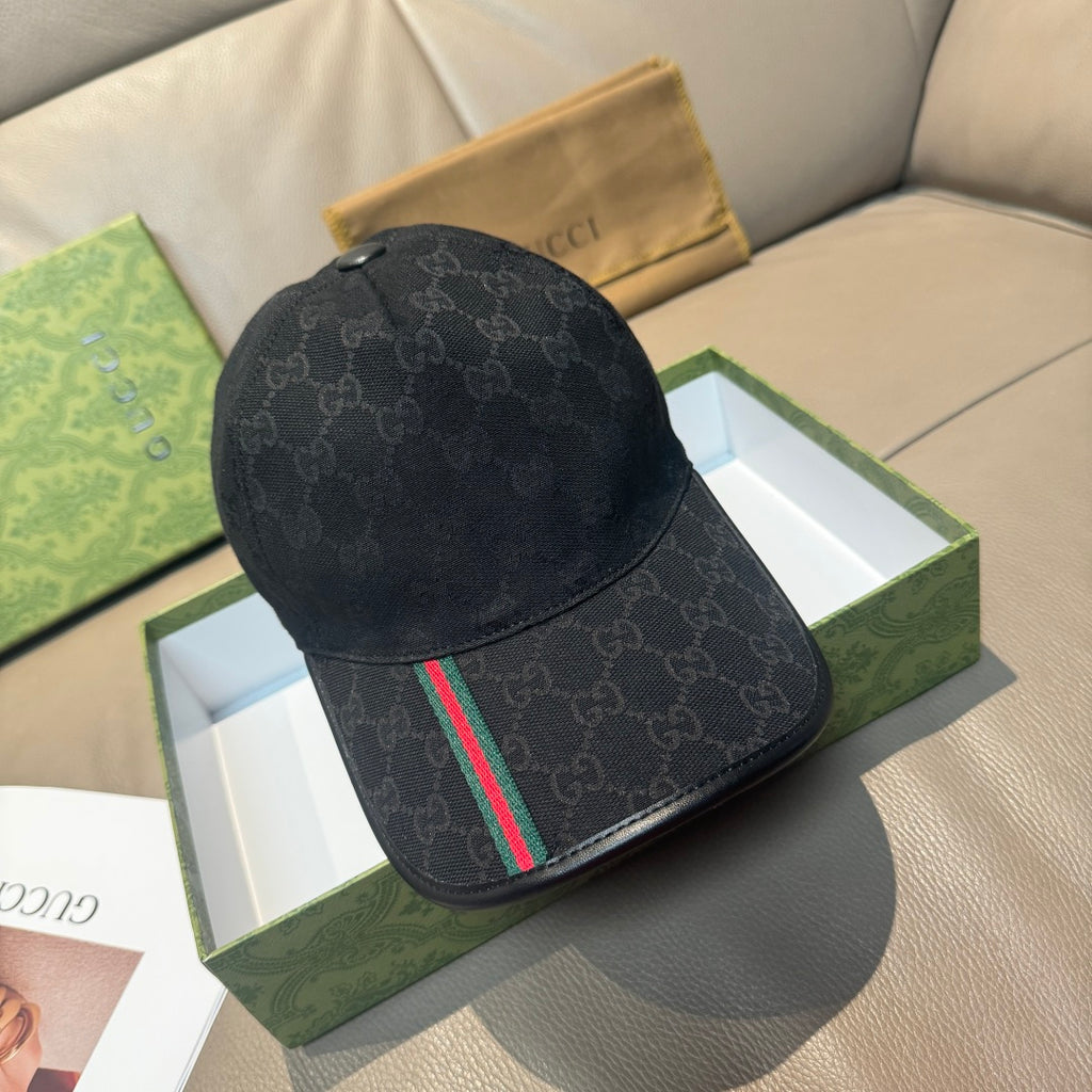 Black Gucci baseball cap with GG monogram and multicolor web stripe on brim