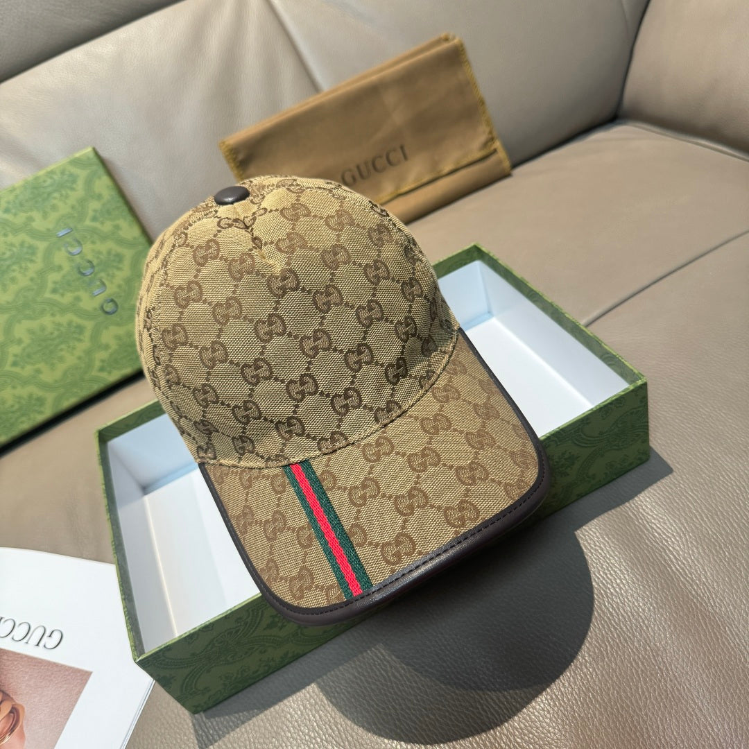 Gucci baseball cap in tan GG canvas with black brim and multicolor Web stripe