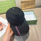 Black Gucci baseball cap with GG monogram, front button, and multicolor stripe brim