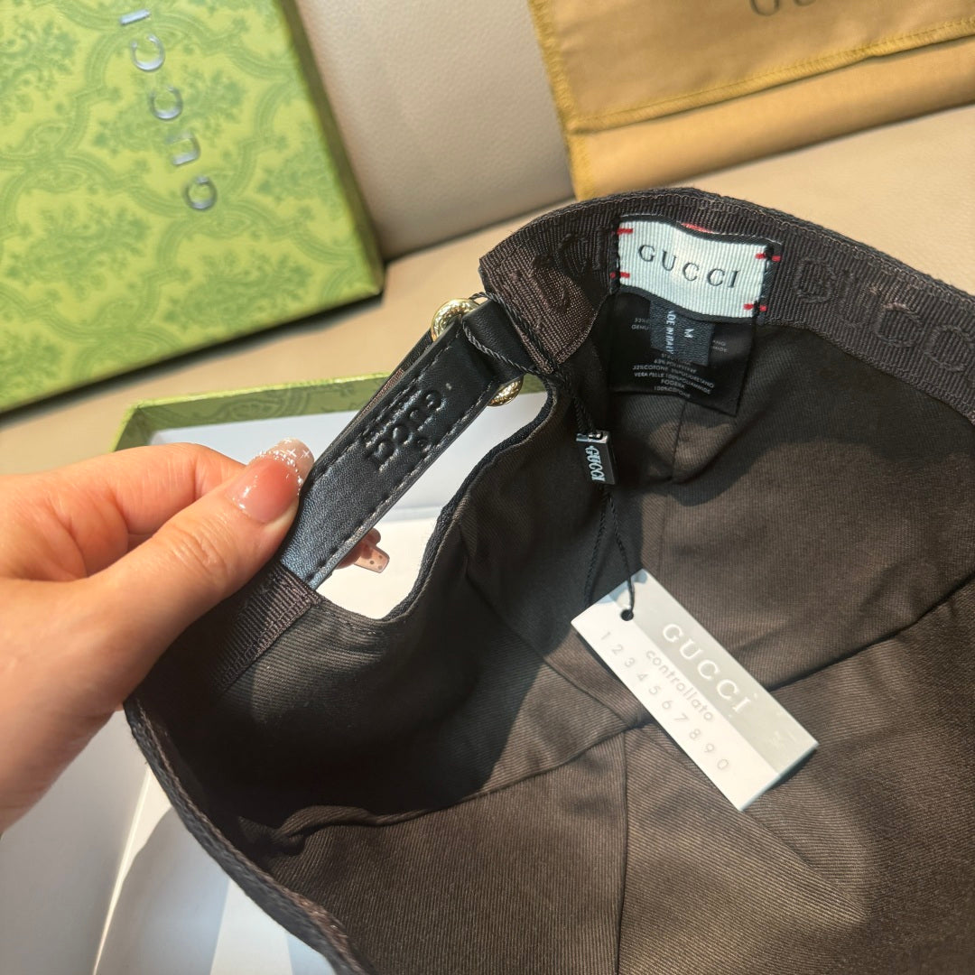 Black Gucci baseball cap close-up of adjustable strap and inner label