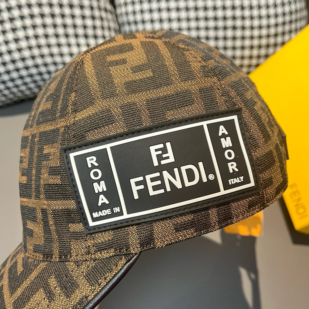 Brown monogram baseball cap with front brand label patch