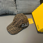 Brown monogram baseball cap with front logo patch and curved brim, side view
