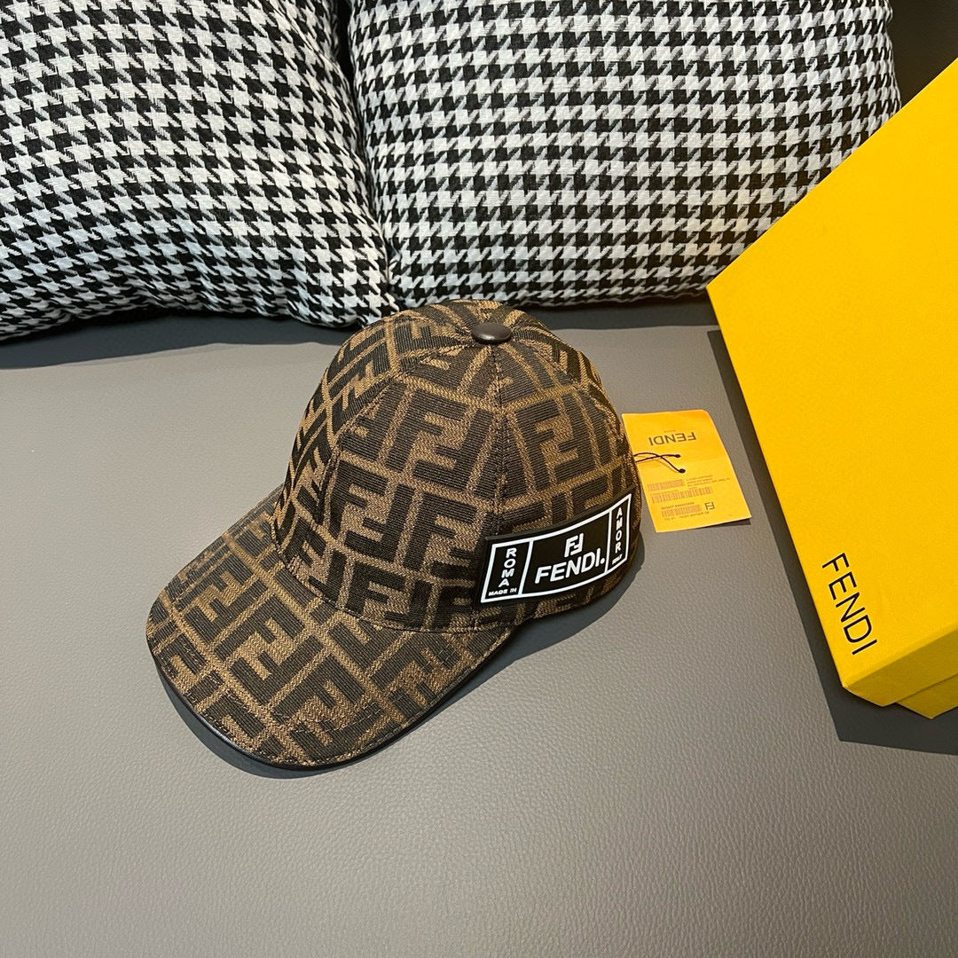 Brown monogram baseball cap with front logo patch and curved brim, side view