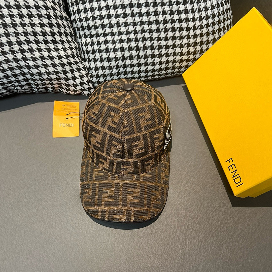 Brown monogram baseball cap with front logo patch and curved brim, top view