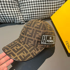 Brown monogram baseball cap with rectangular FENDI logo patch and curved brim