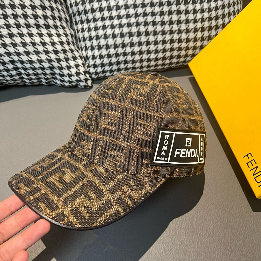 Brown monogram baseball cap with rectangular FENDI logo patch and curved brim