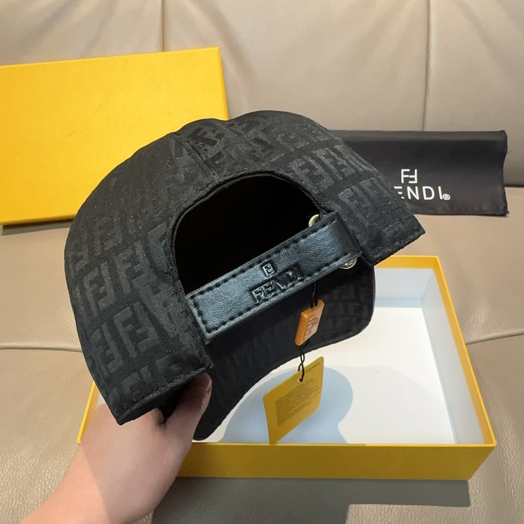 Fendi cap in dark gray FF pattern with inner band and adjustable buckle strap.