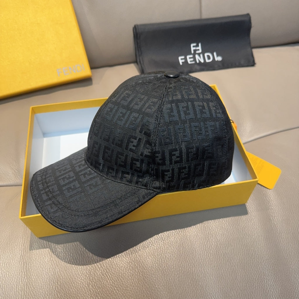 Fendi cap in dark gray with allover FF monogram, curved brim, snapback-style.