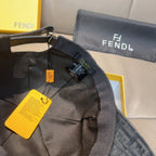 Fendi cap with dark gray FF pattern and adjustable web strap, with hanging tags.