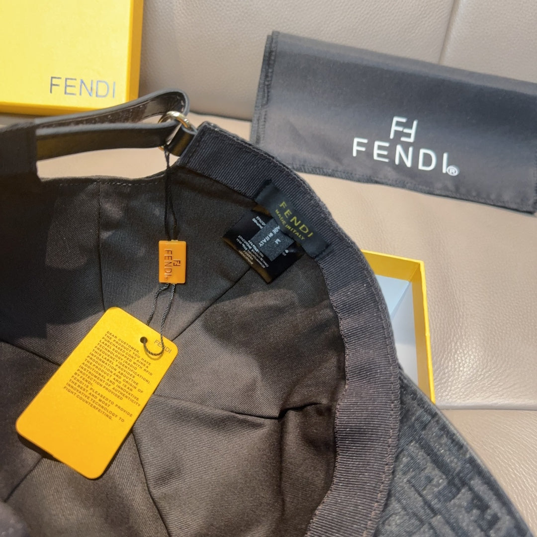 Fendi cap with dark gray FF pattern and adjustable web strap, with hanging tags.