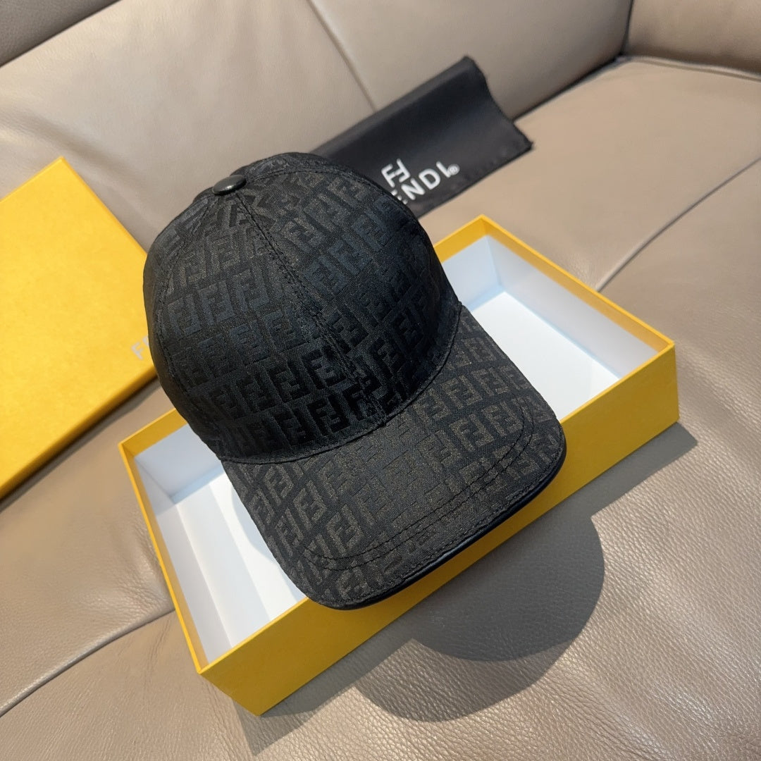 Fendi cap in dark gray with FF monogram pattern, curved brim, adjustable strap.