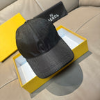 Fendi monogram baseball cap in dark fabric, side view with curved brim and stitched panel.