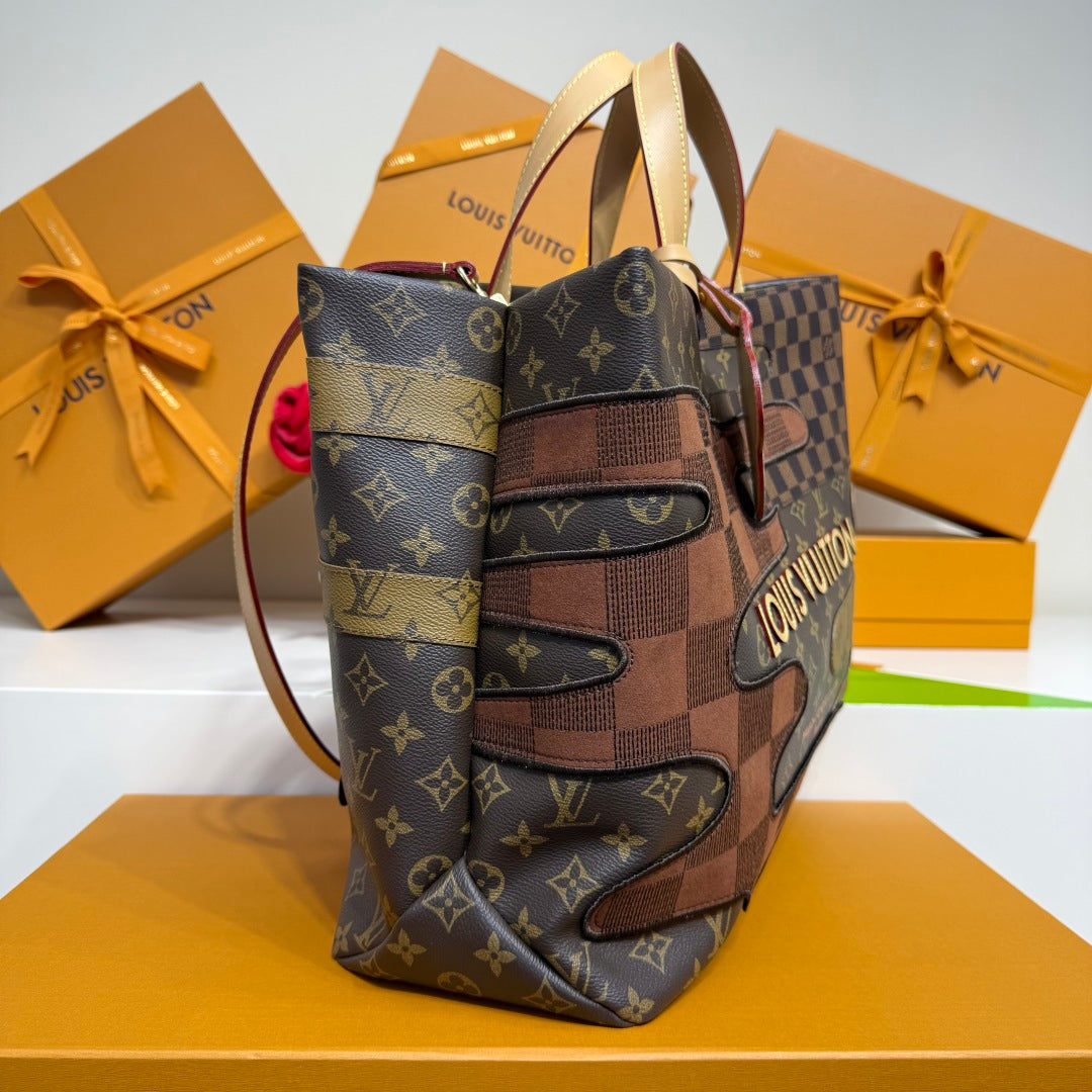 Louis Vuitton tote bag with stacked patchwork panels and top handles