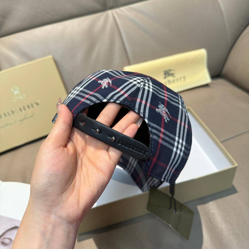 Burberry plaid baseball cap back view with adjustable leather strap