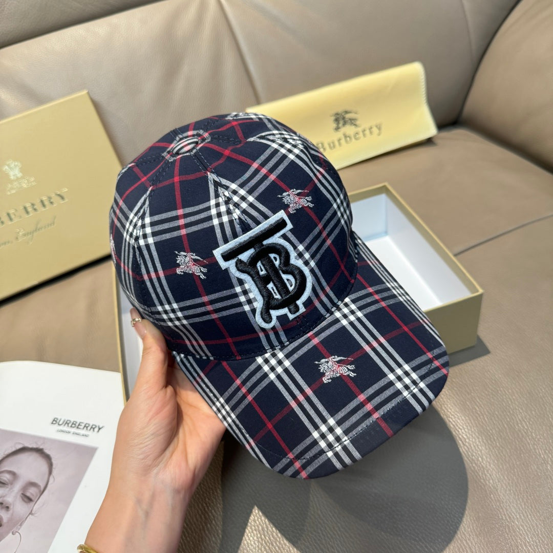 Burberry plaid baseball cap front view with TB logo and plaid pattern
