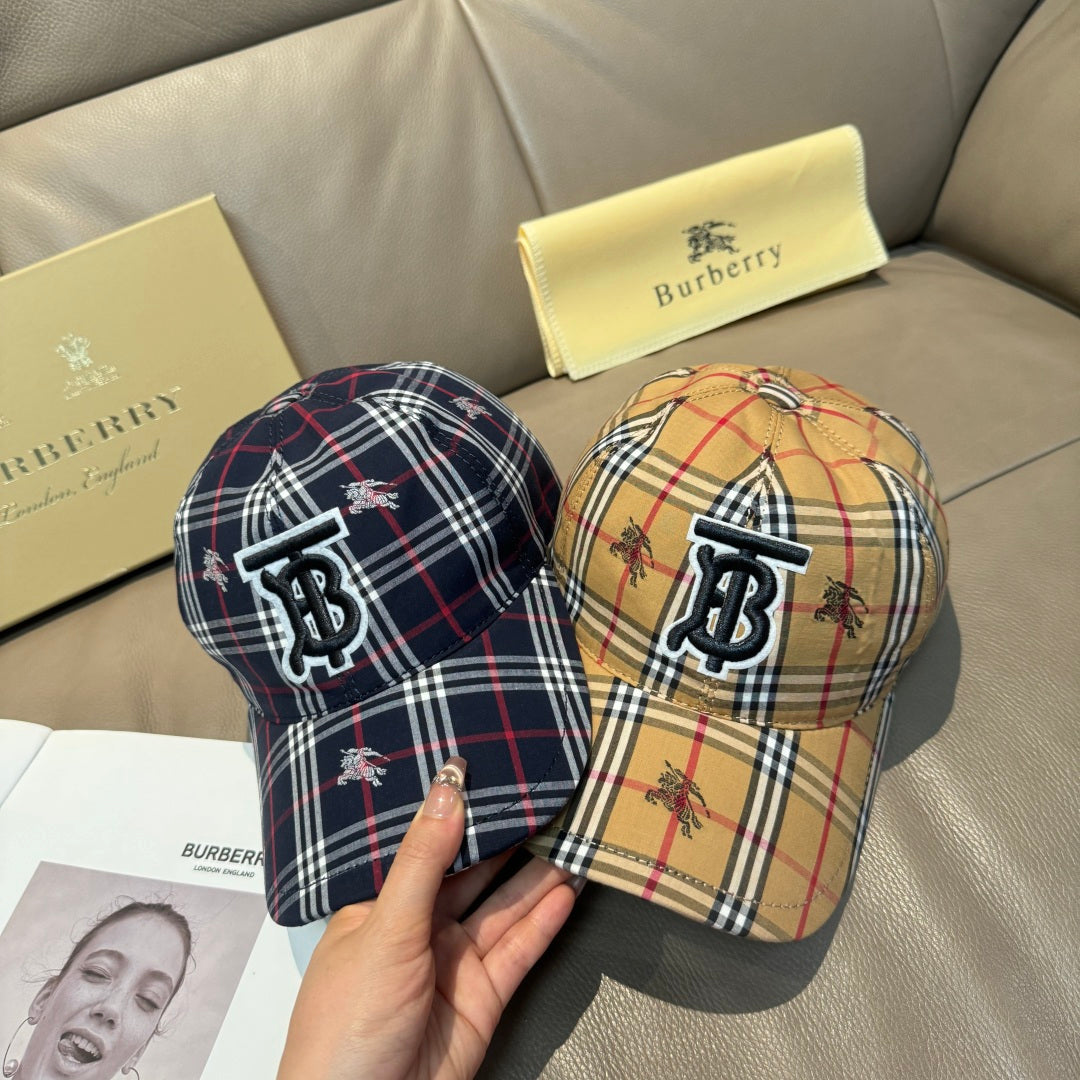 Burberry plaid baseball caps (navy and beige) with TB logos and horse motifs