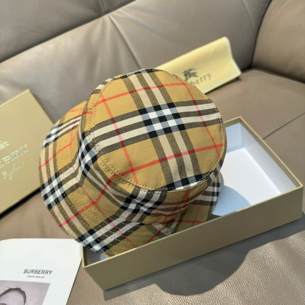 Plaid bucket hat back view with beige black red check and stitched brim.