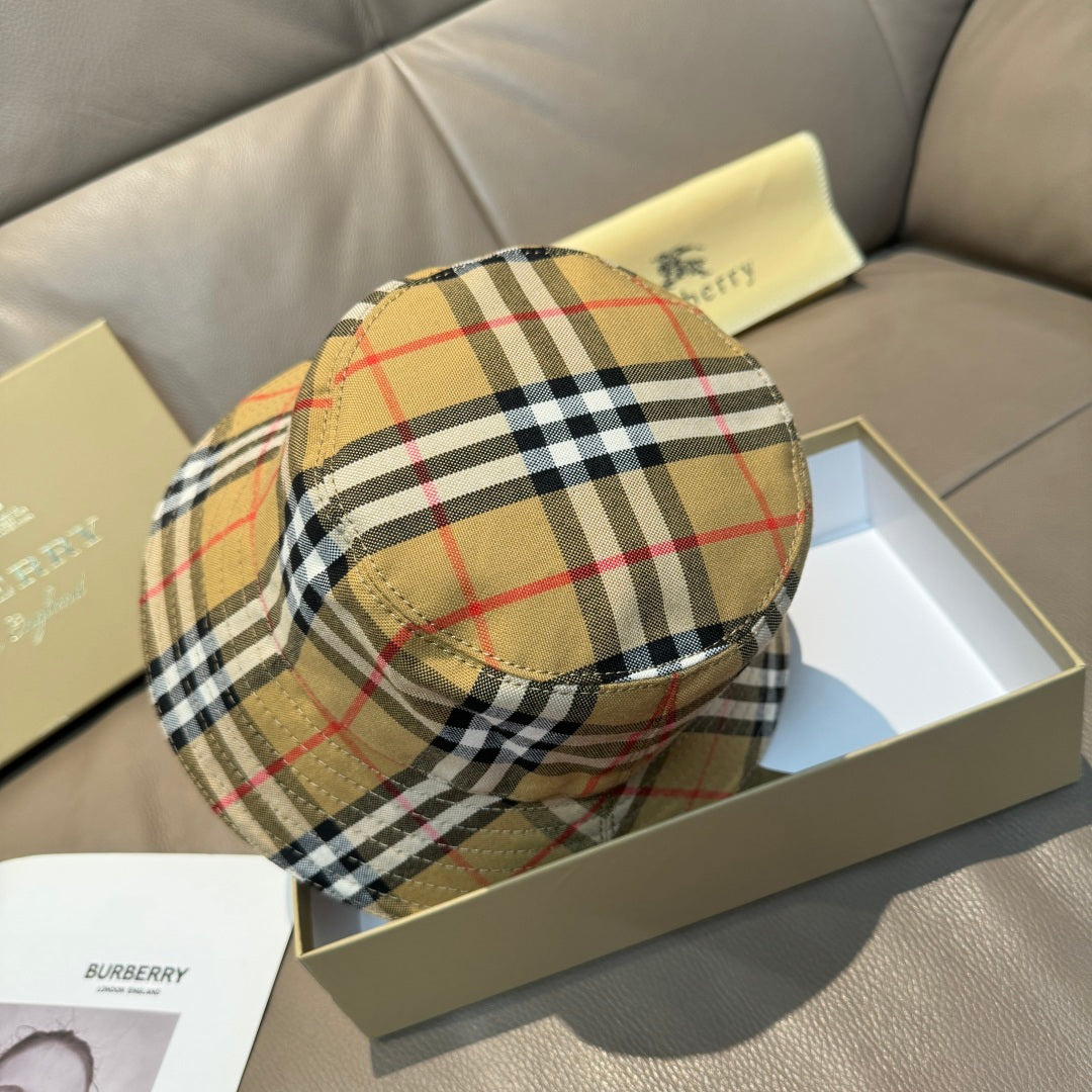 Plaid bucket hat back view with beige black red check and stitched brim.