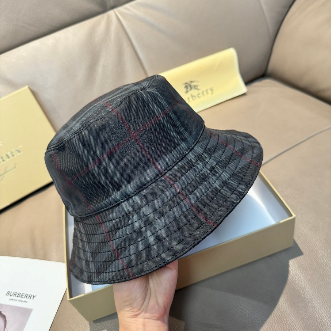 Burberry dark navy plaid bucket hat with red and gray tartan, side profile