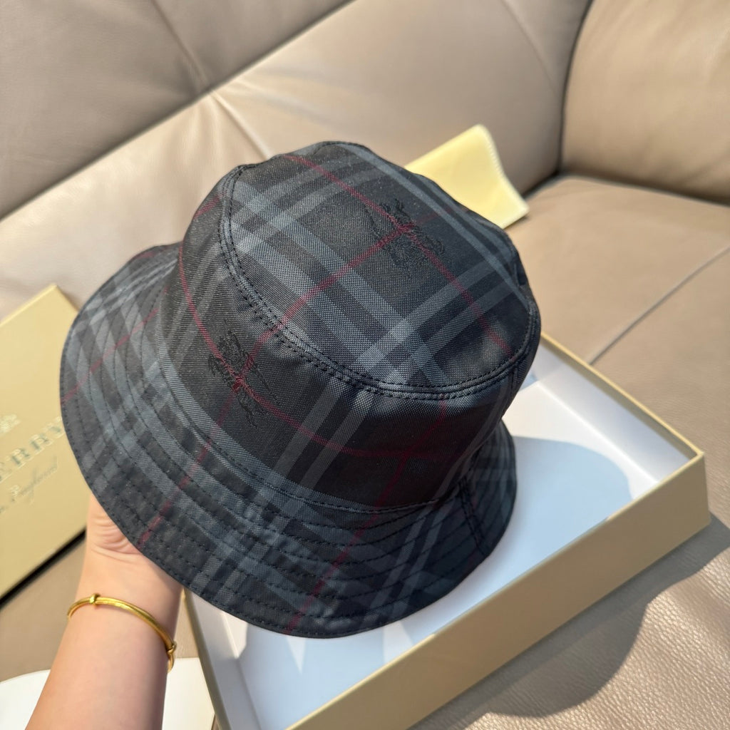 Burberry dark navy plaid bucket hat with red and gray lines, rear angle