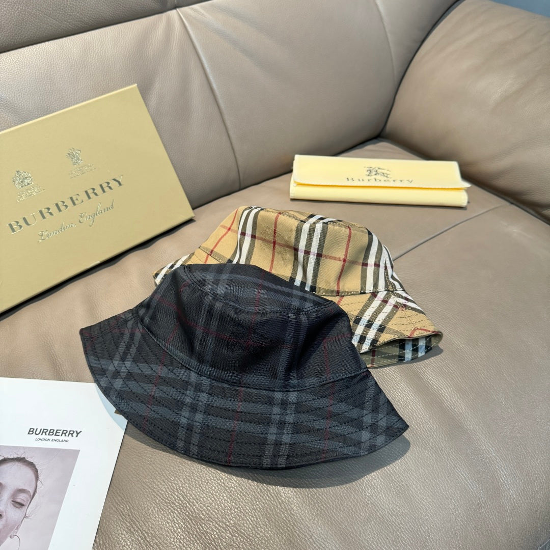 Burberry dark navy plaid bucket hat with red and gray tartan, top view