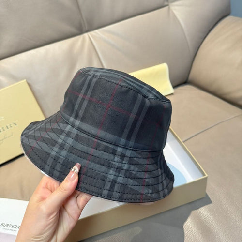 Burberry tartan bucket hat, dark navy plaid with red and gray stripes; front view