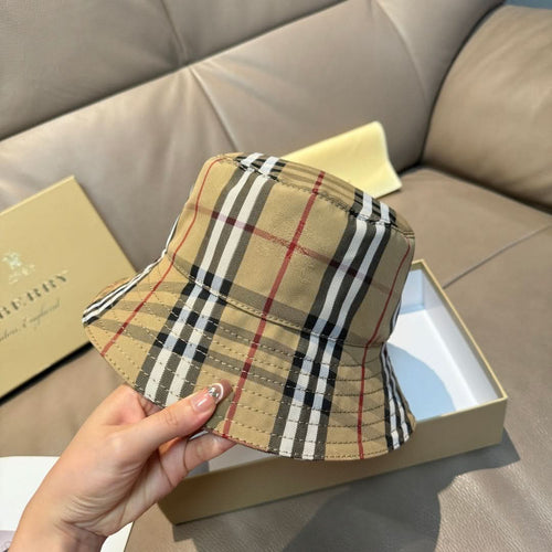 Burberry plaid bucket hat in beige with black and red check panels