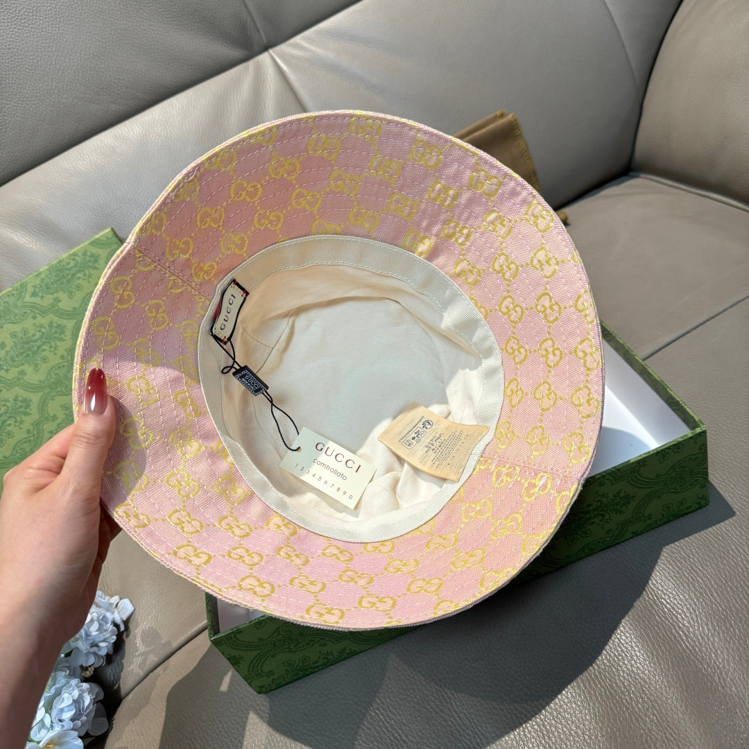 Gucci bucket hat interior view with white lining and pink GG outer brim