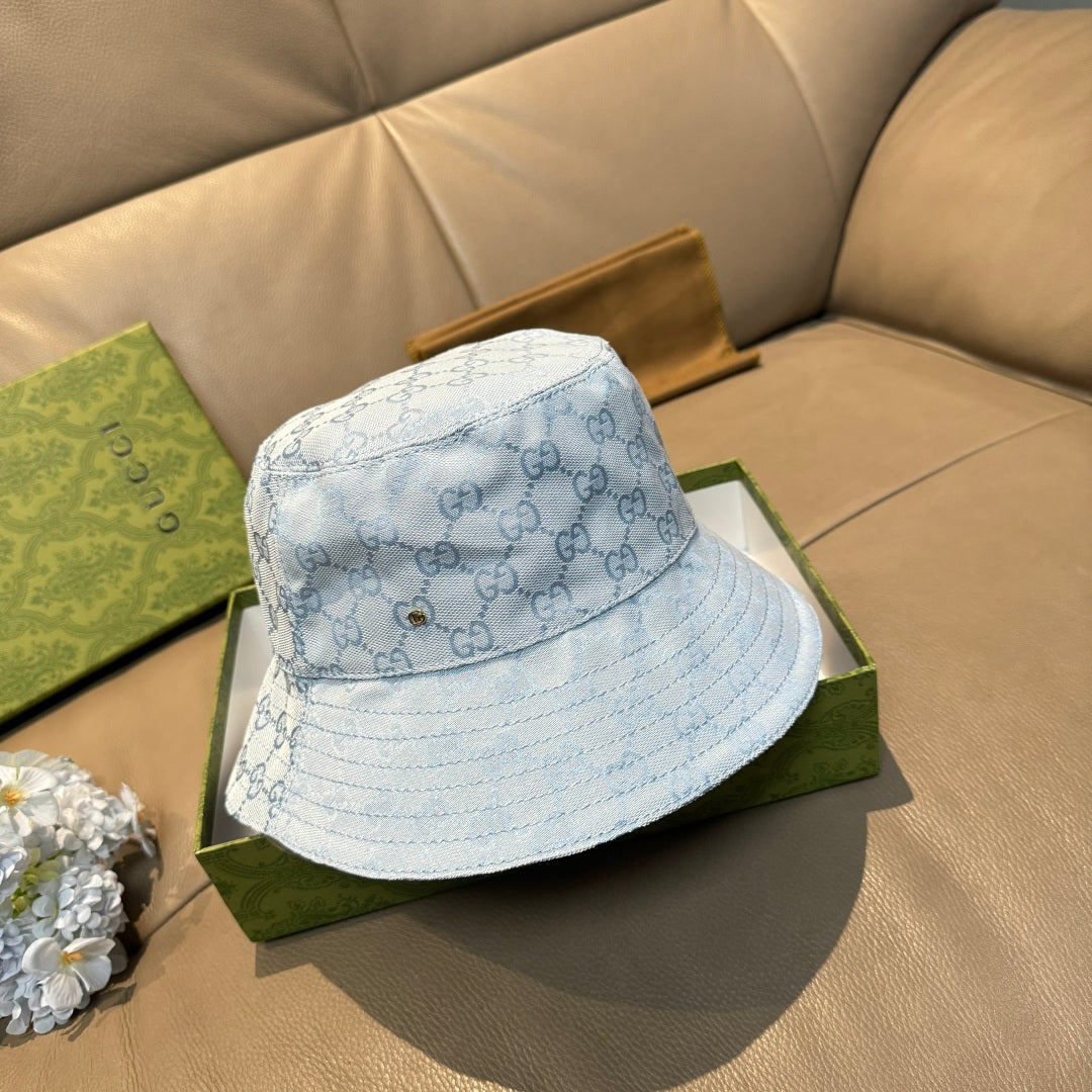 Gucci GG monogram light blue bucket cap with stitched brim and metal logo button