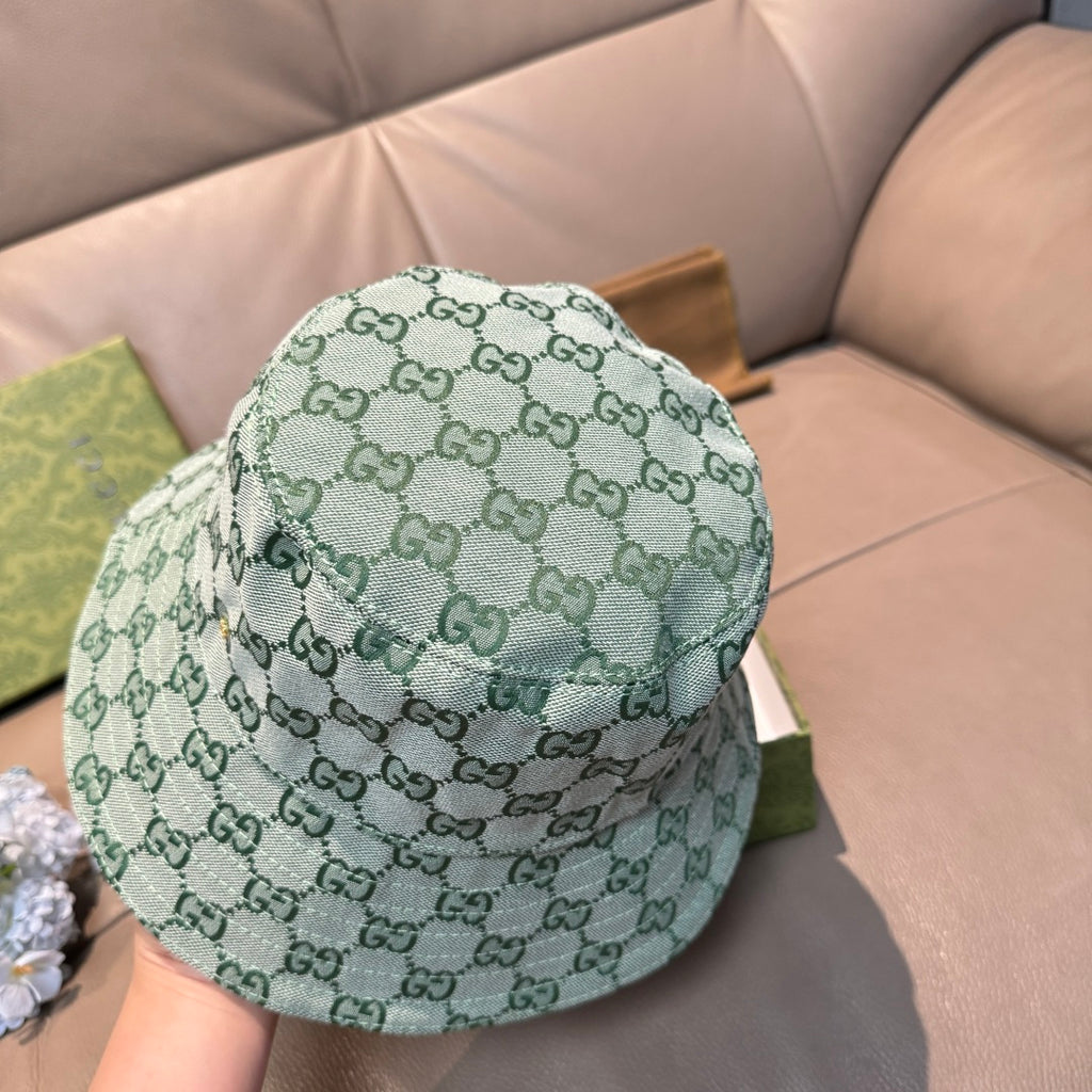 Green GG monogram bucket hat side view with top seam and brim