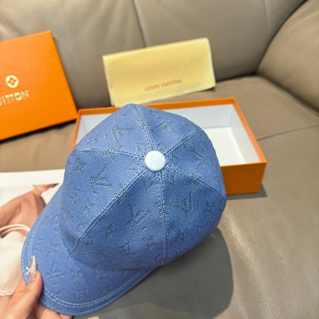 Louis Vuitton monogram baseball cap, light blue with round top button, side view