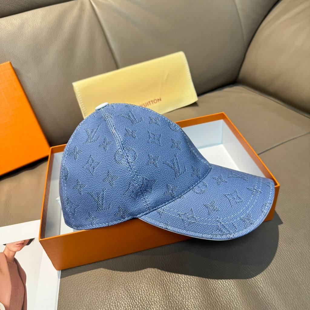 Louis Vuitton monogram baseball cap, light blue, side view with curved brim