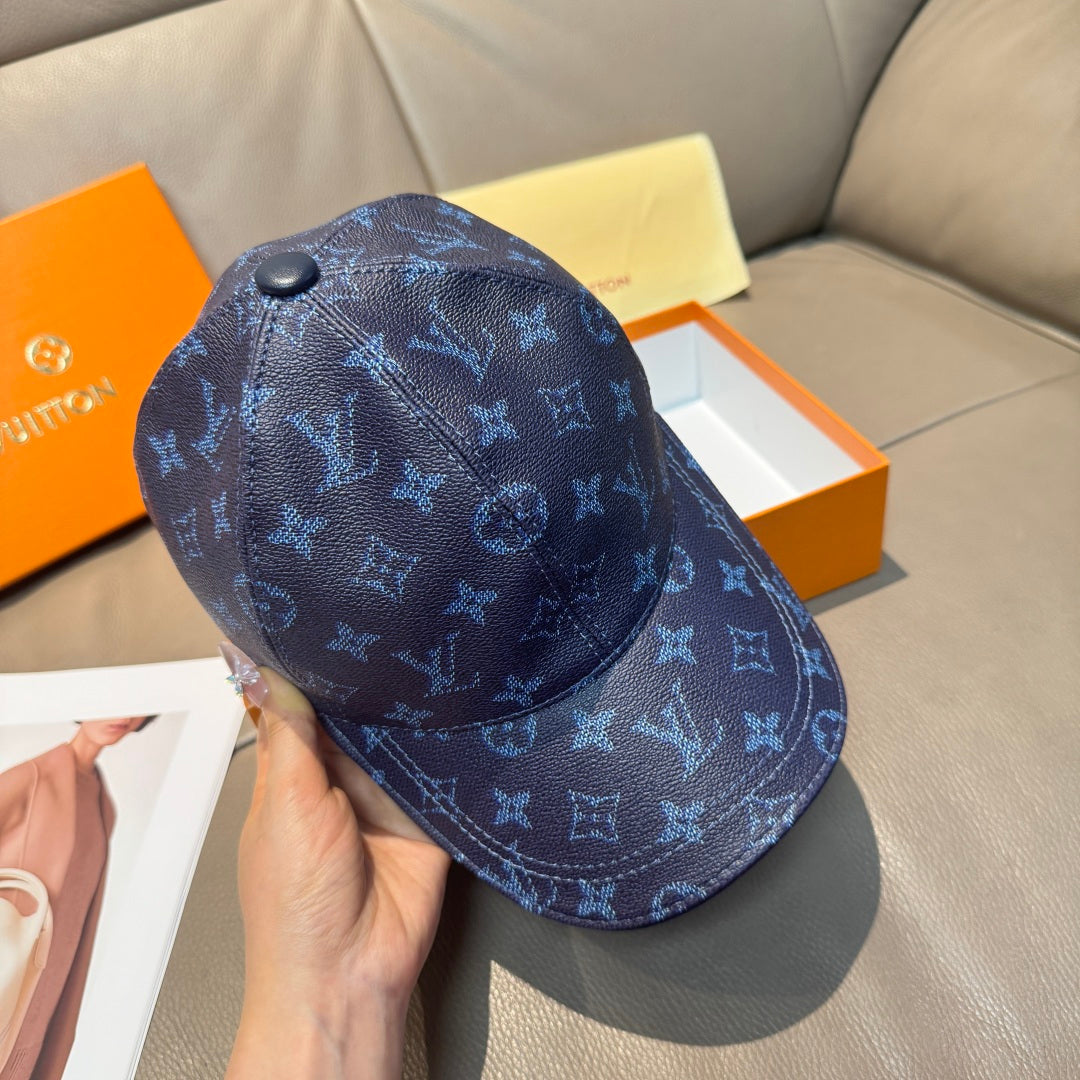Louis Vuitton baseball cap in dark navy with blue monogram, side view