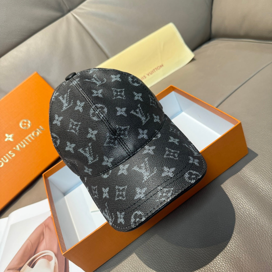 Louis Vuitton monogram cap, dark canvas with gray logo print and black top button