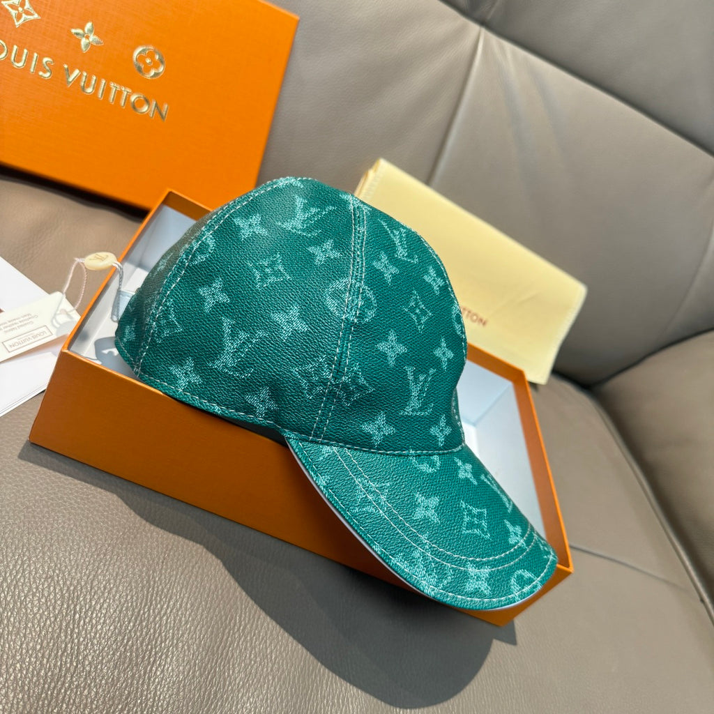Louis Vuitton green monogram baseball cap, side view with curved brim