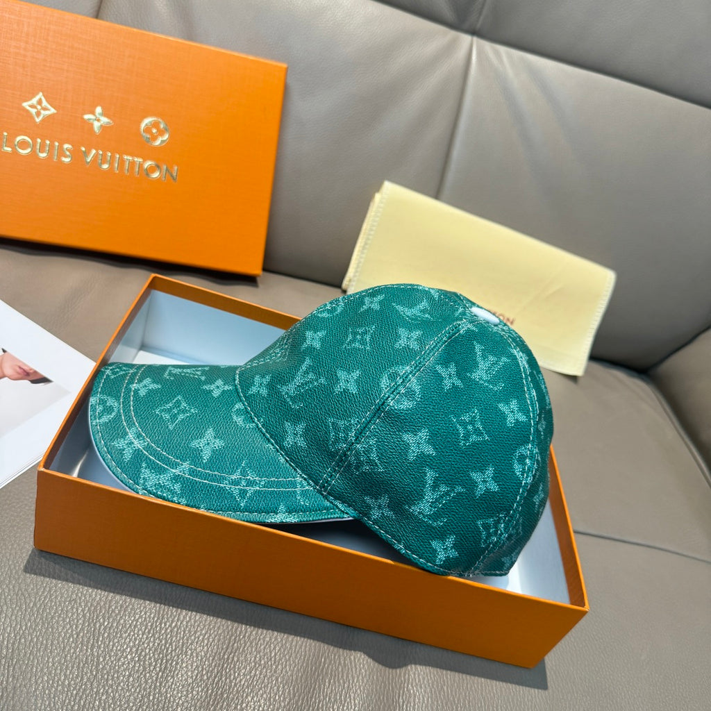 Louis Vuitton green monogram baseball cap with curved brim, top view
