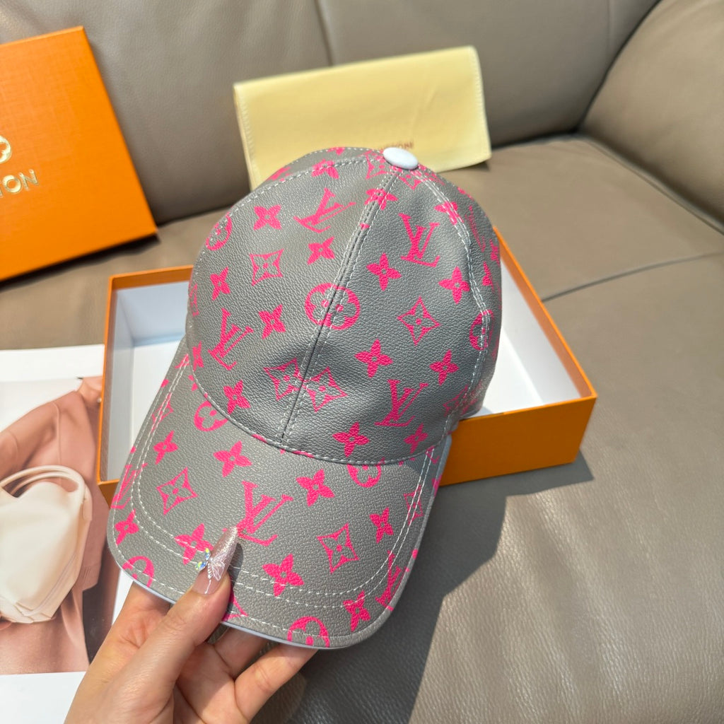 Louis Vuitton baseball cap, gray and pink monogram pattern, front view